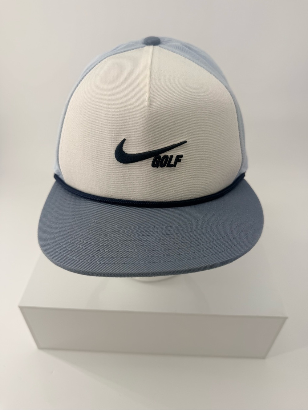 Nike White Front Panel Trucker Hat with Light Blue Brim